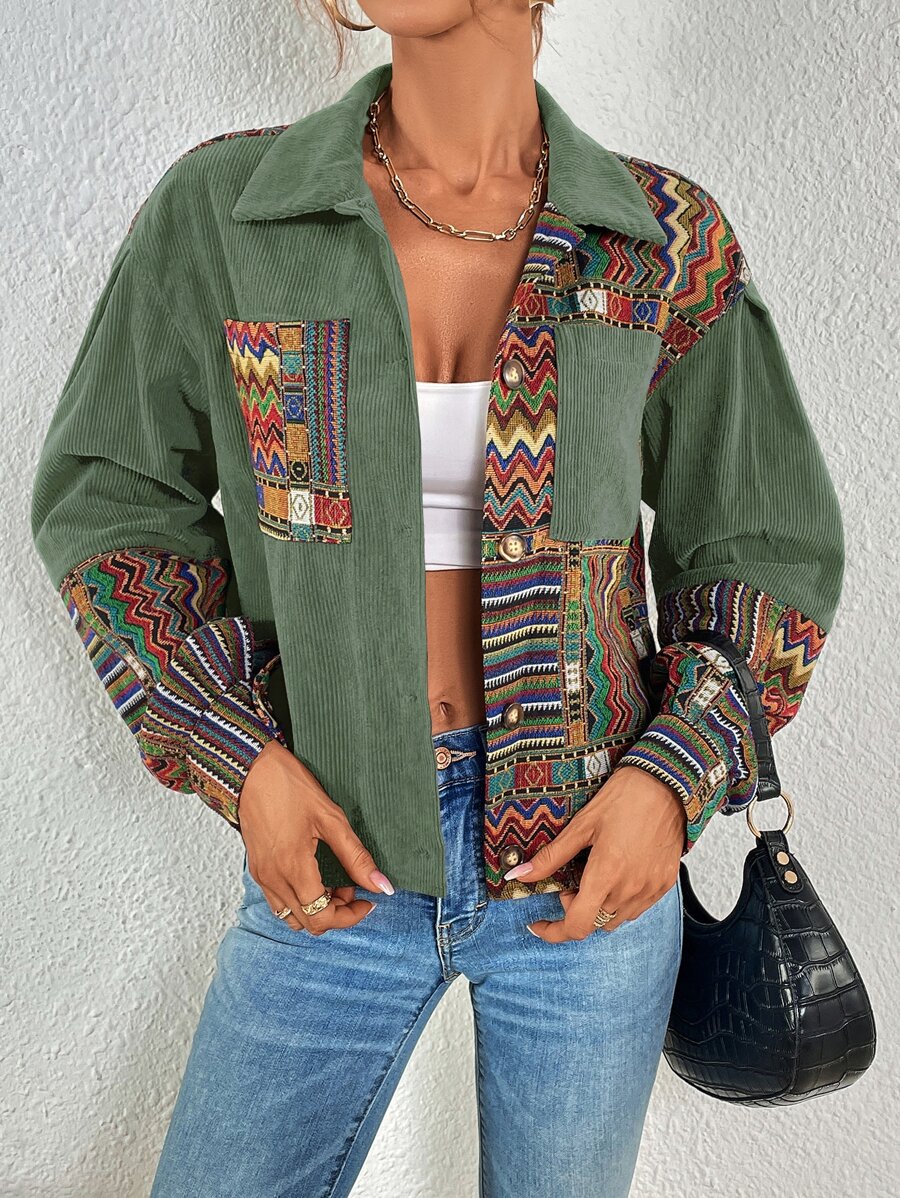 Fallen Shoulder Velvet Jacket with Geometric Print