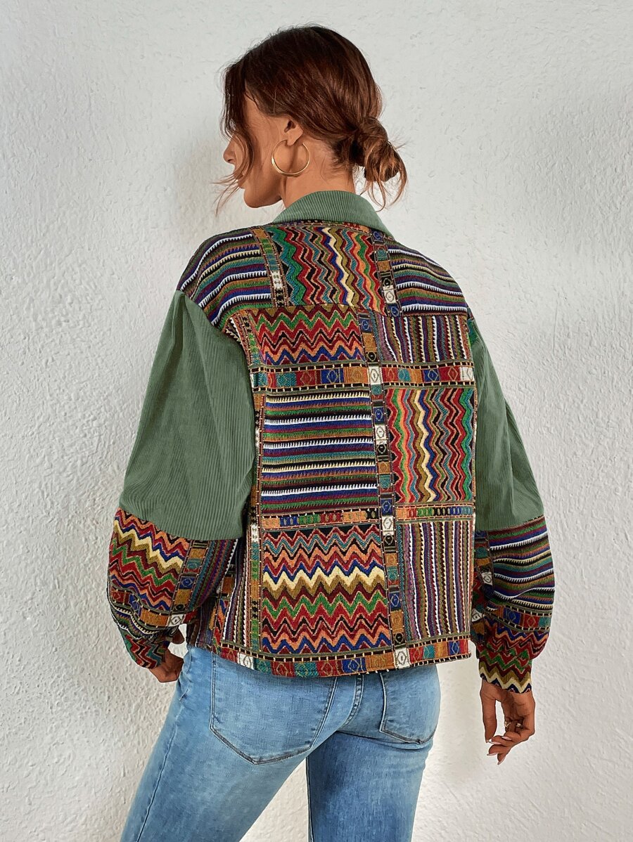 Fallen Shoulder Velvet Jacket with Geometric Print
