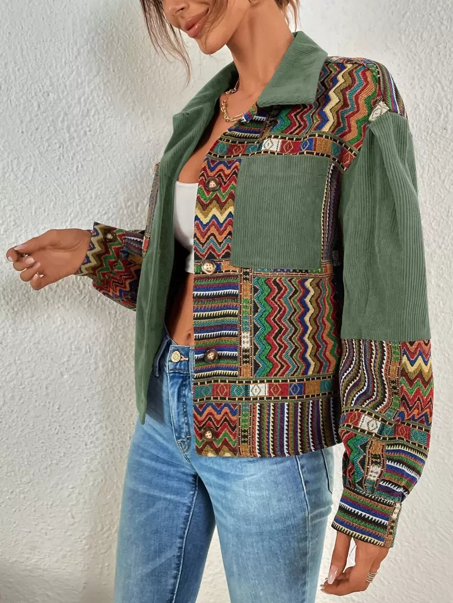 Fallen Shoulder Velvet Jacket with Geometric Print