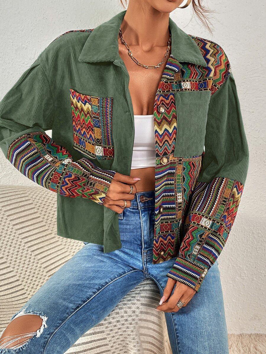 Fallen Shoulder Velvet Jacket with Geometric Print