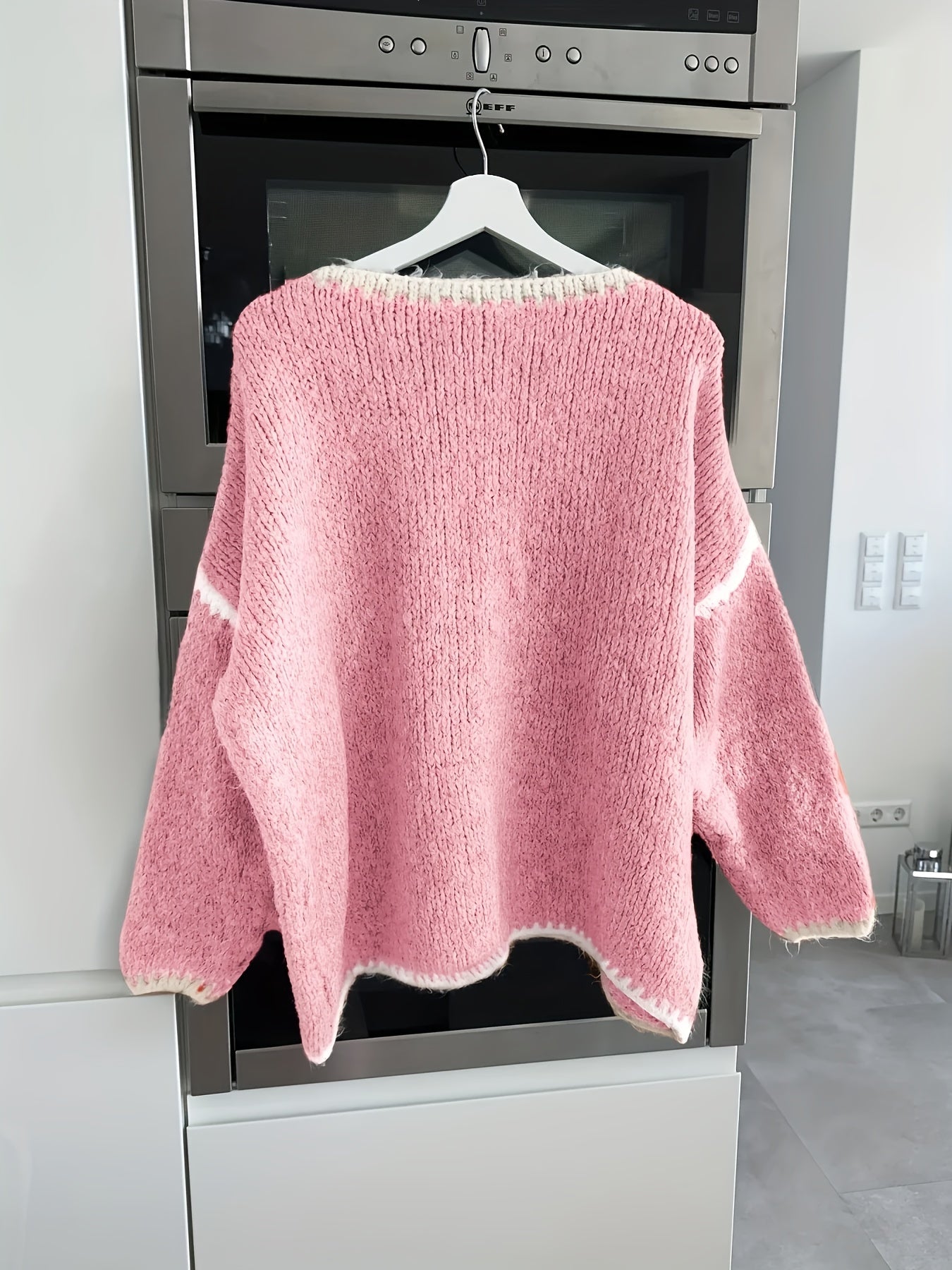 Pink Colorblock Round‑Neck Button Sweater