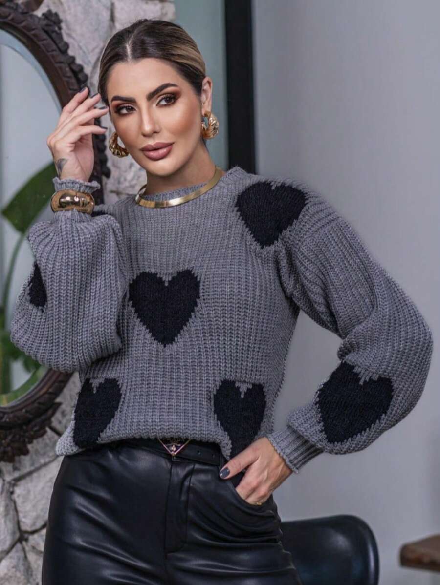 Oversized Heart Fleece Knit Sweater