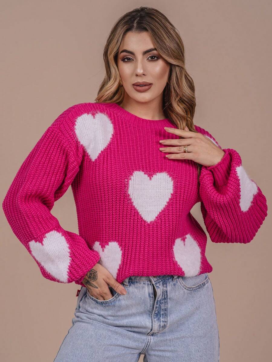 Oversized Heart Fleece Knit Sweater