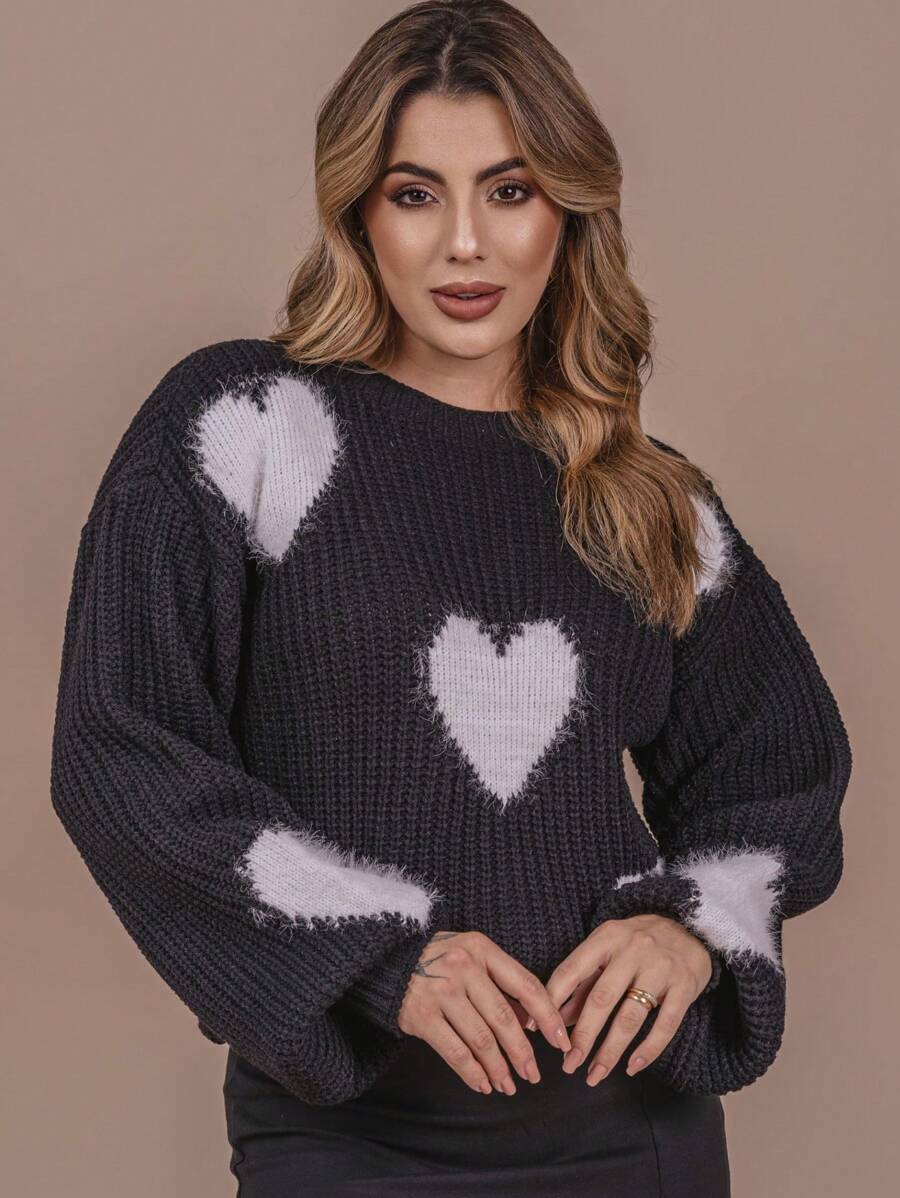 Oversized Heart Fleece Knit Sweater