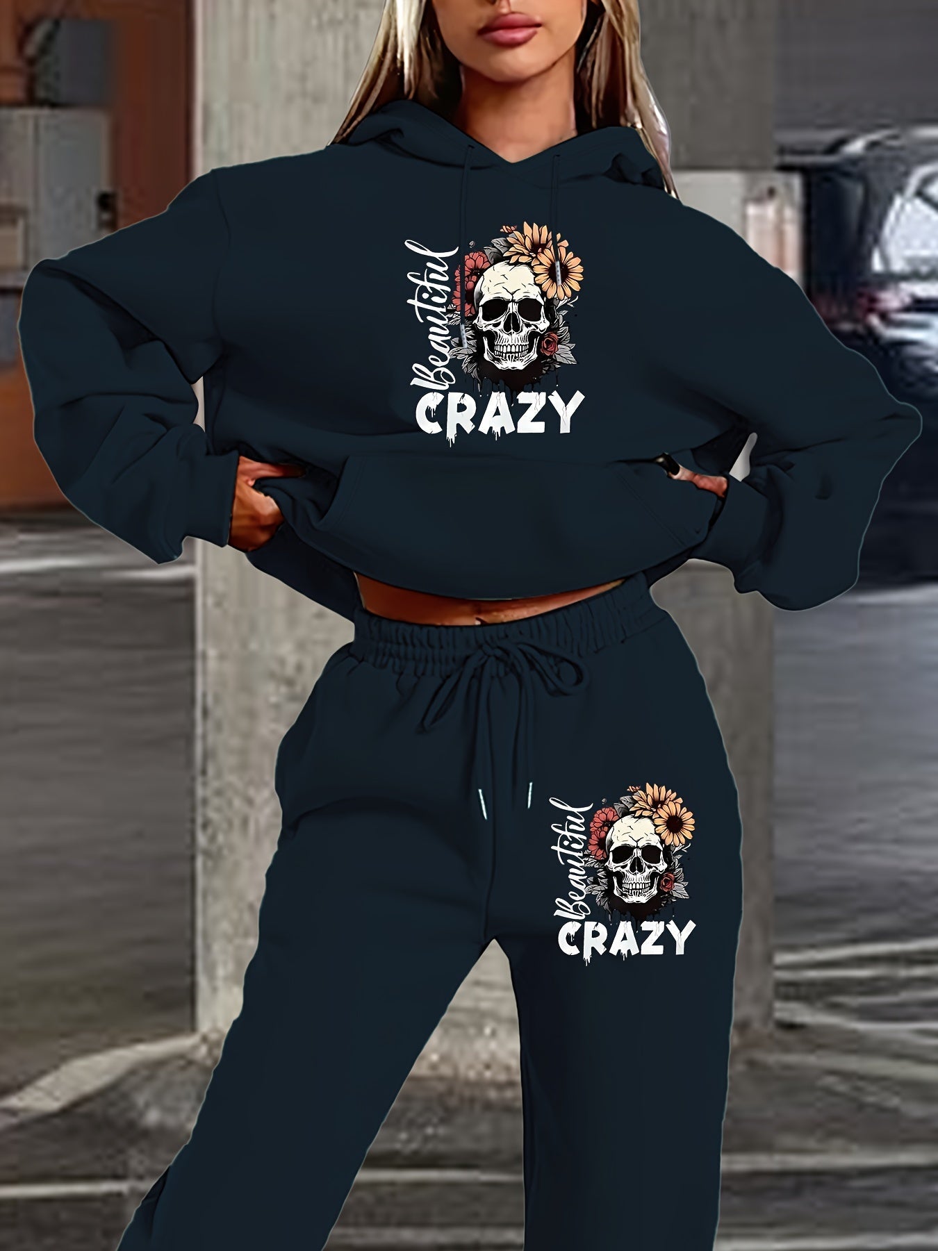 Skull Letter Print Hoodie Pants Set