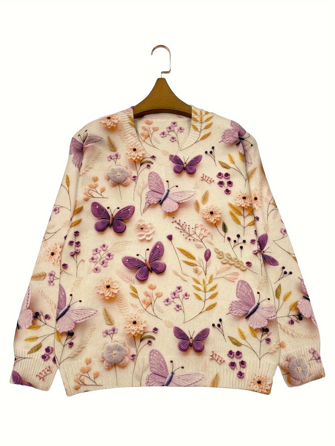 Purple Butterfly V-Neck Long Sleeve Sweater