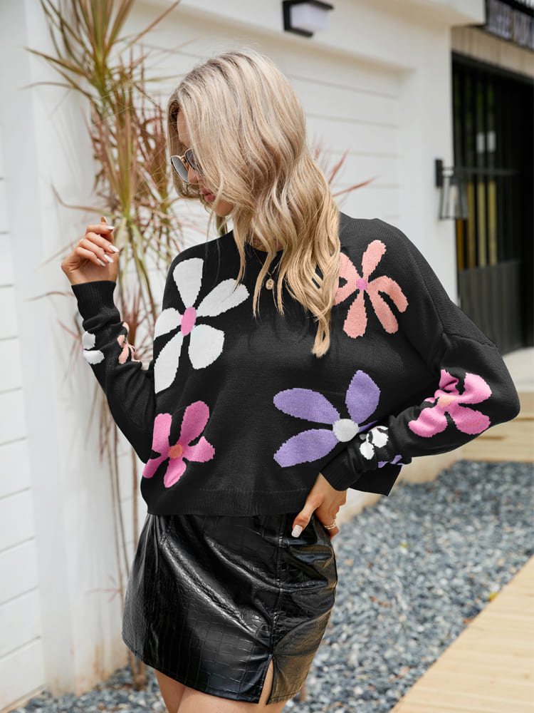 Loose Floral Crewneck Knit Sweater