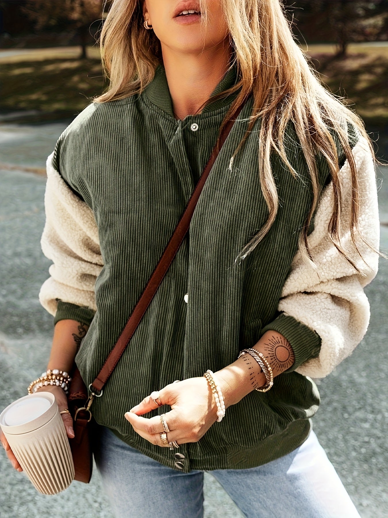 Corduroy Colorblock Baseball Collar Jacket