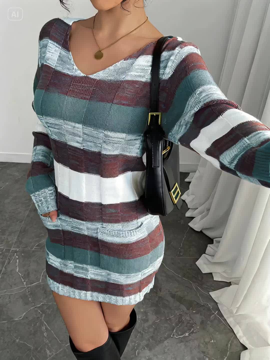 Colorblock V-Neck Long Sleeve Knit Dress