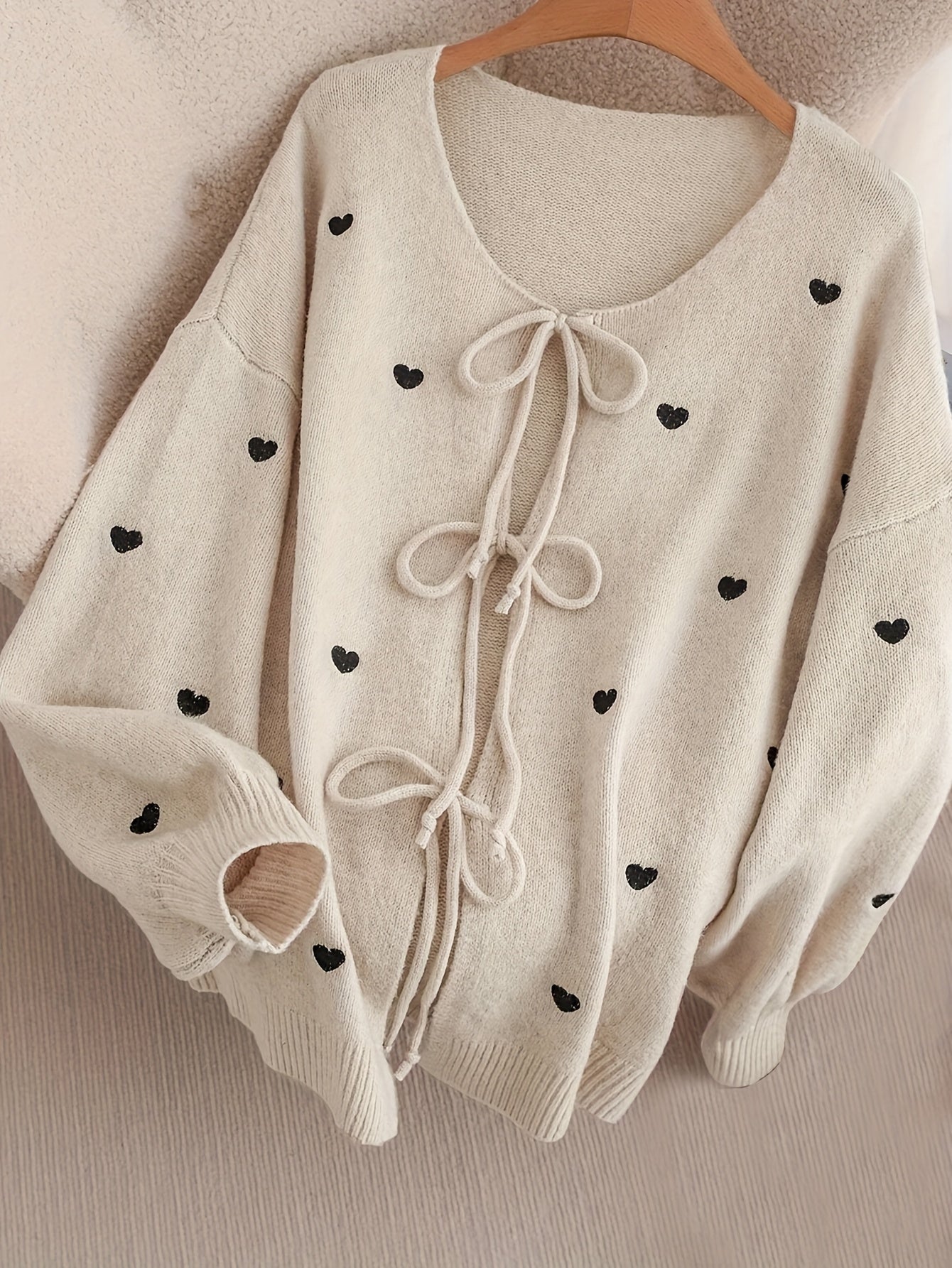 Cozy Beige Heart Bow Sweater