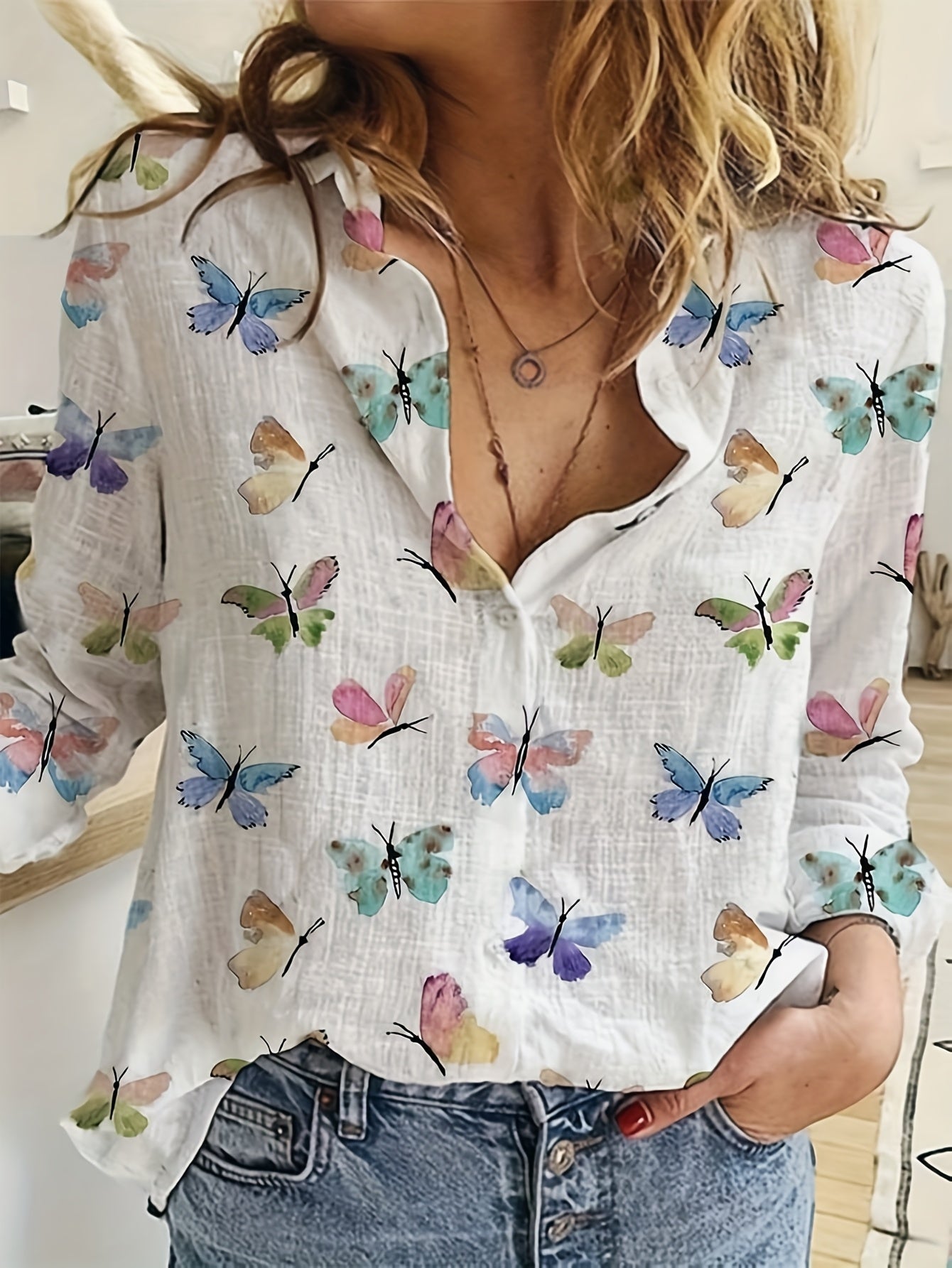 Butterfly Print Long Sleeve Button-Up Blouse