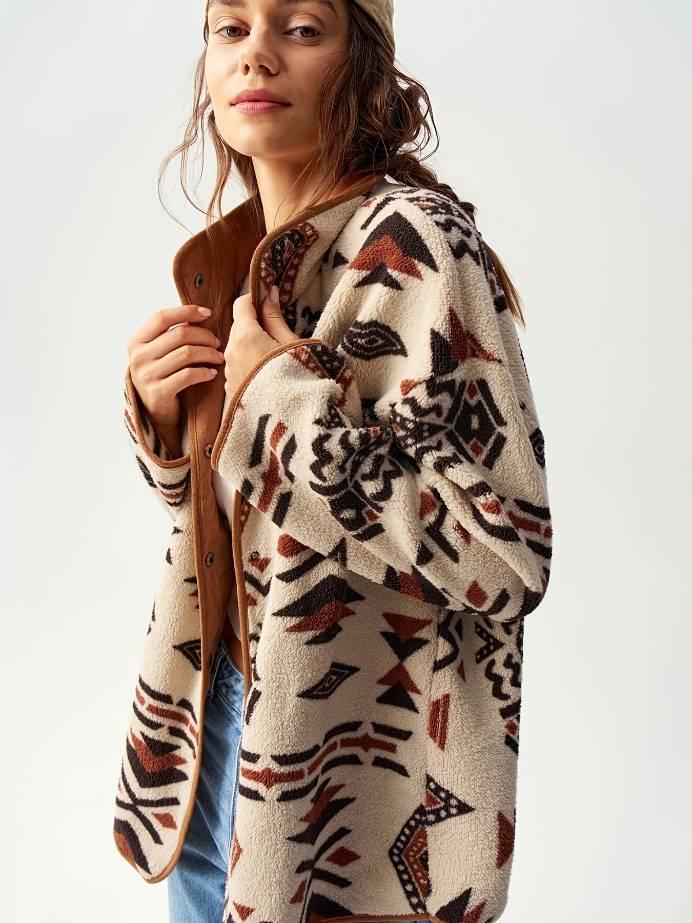 Turquoise Southwestern Geometric Fleece Jacket