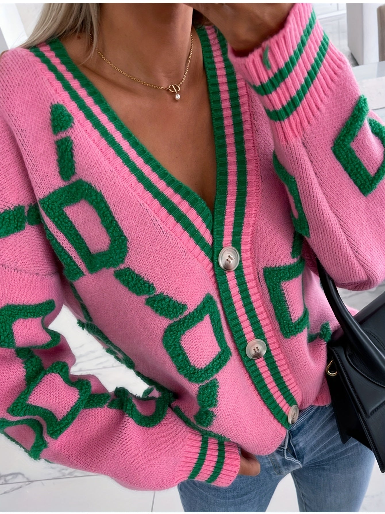 Colorblock V-Neck Button Knit Cardigan