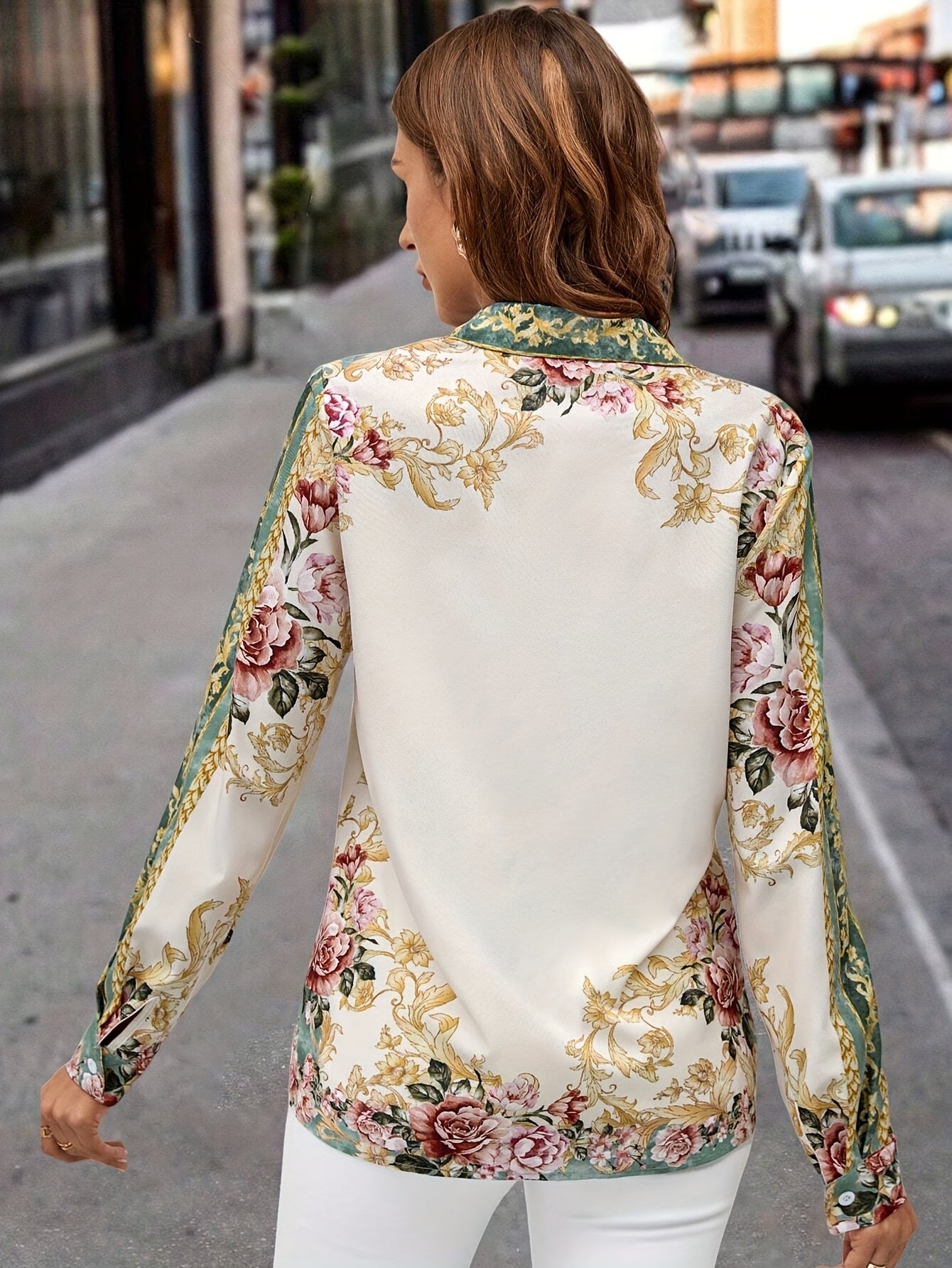 Floral Lapel Button Long-Sleeve Blouse