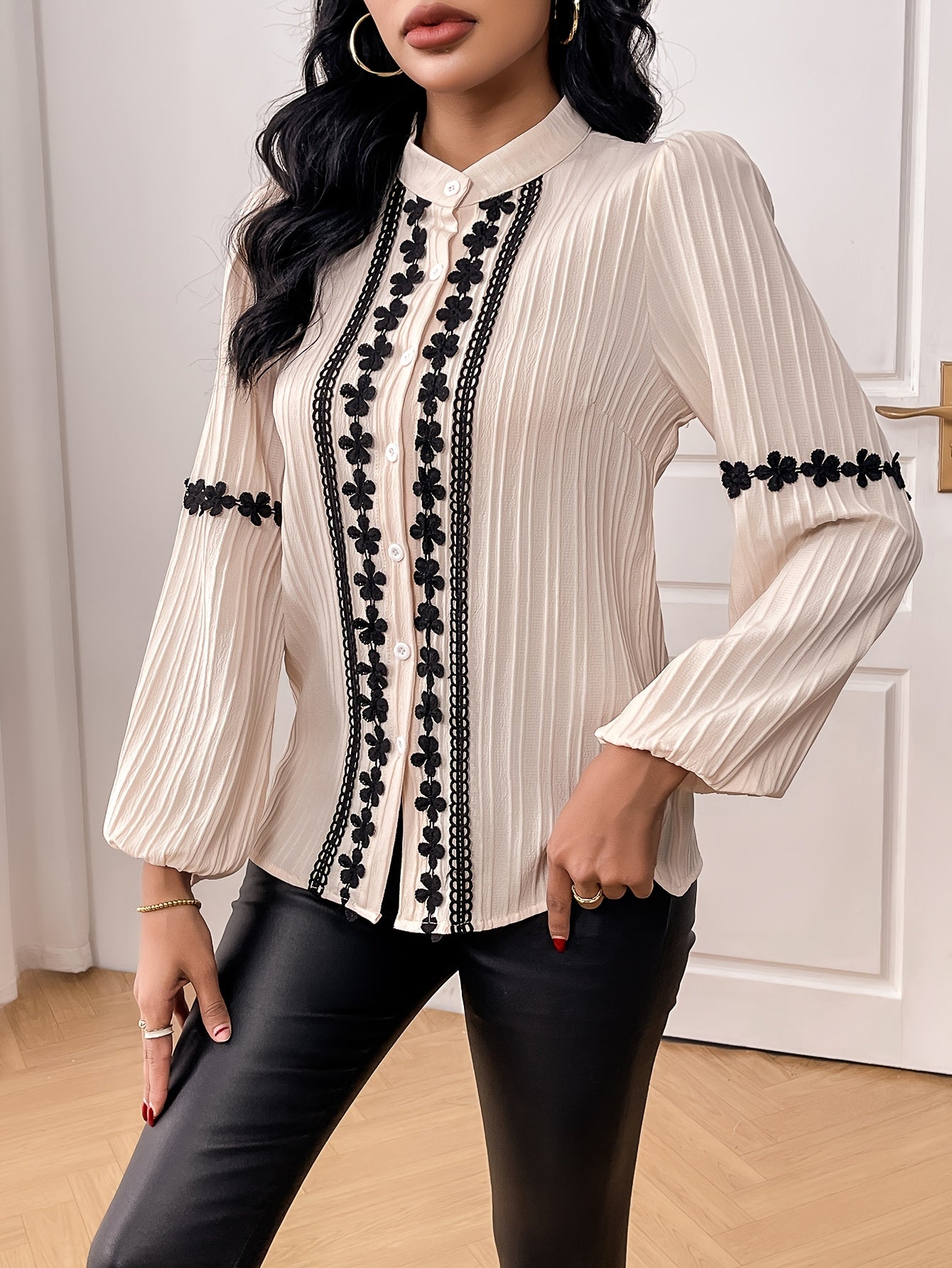 Stand-Collar Lace Lantern Sleeve Blouse