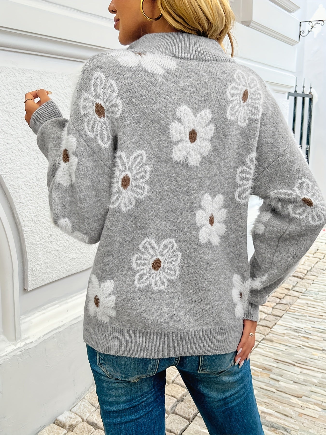 Half-Zip Floral Drop-Shoulder Sweater