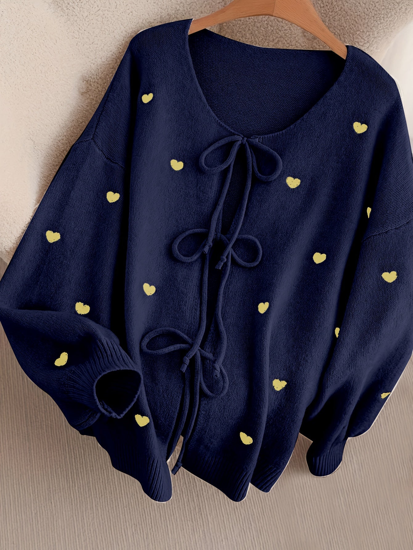 Cozy Beige Heart Bow Sweater