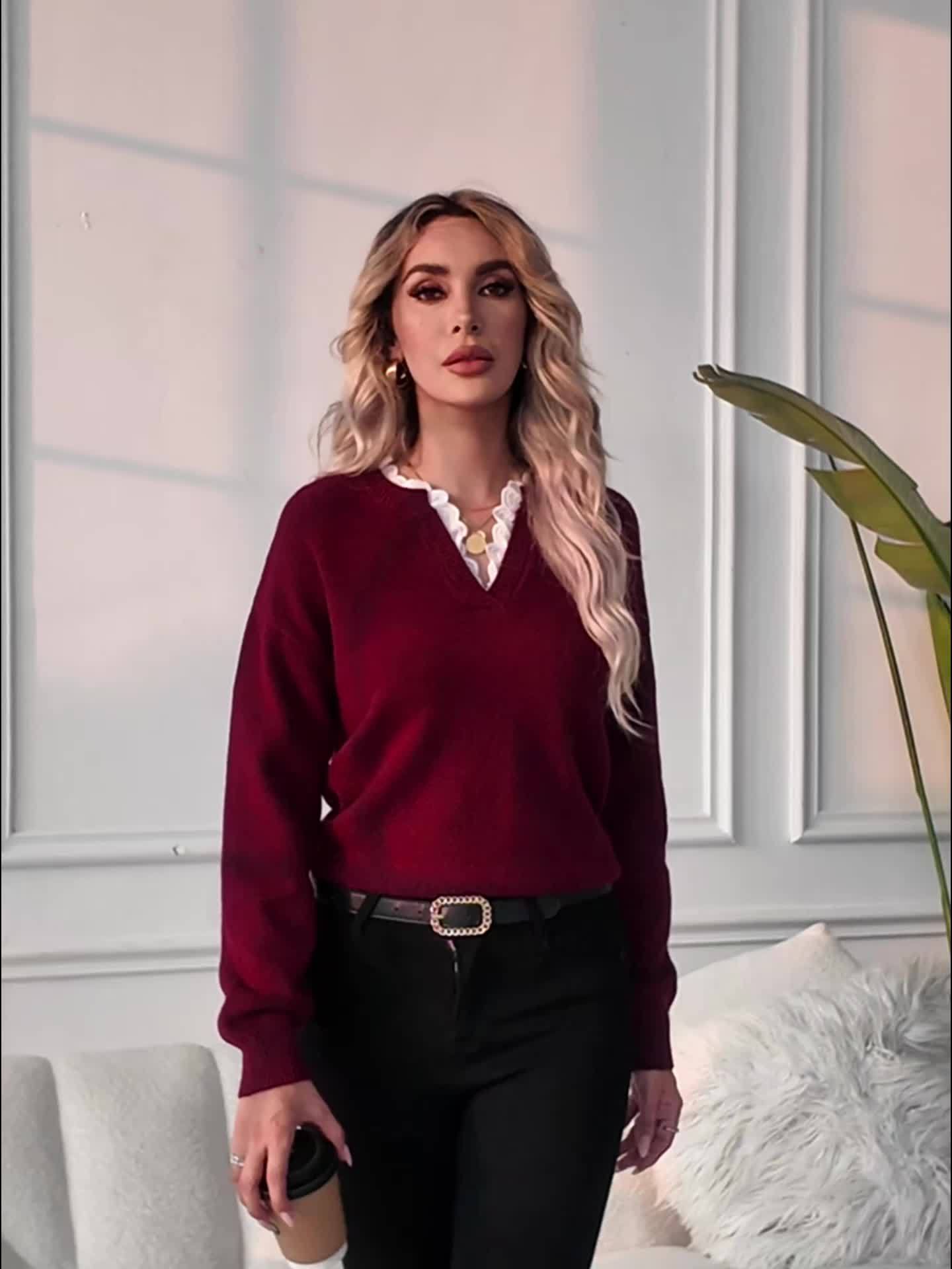 Stylish V-Neck Lace Trim Sweater