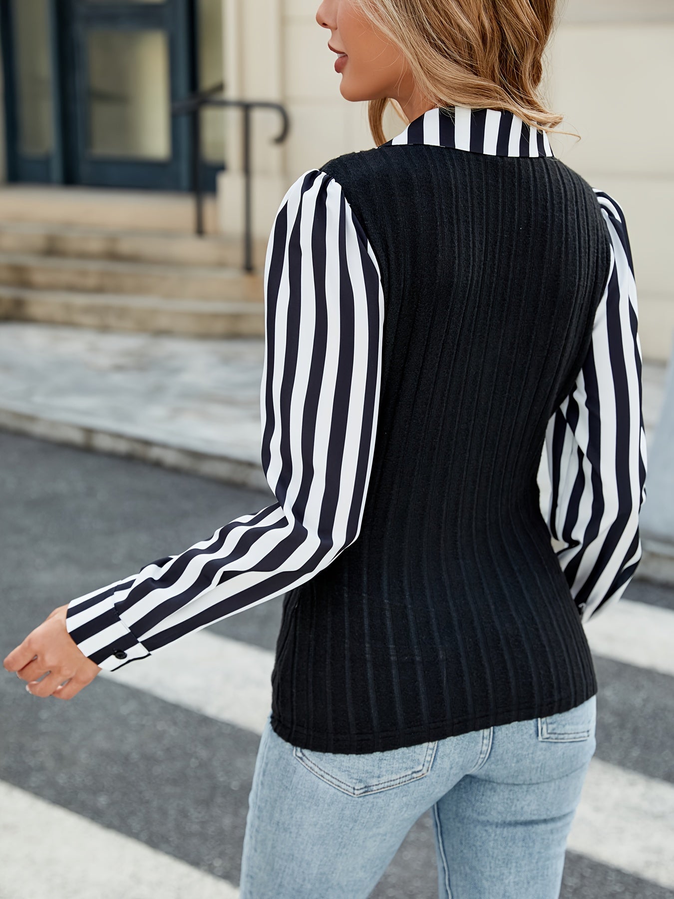 Elegant V-Neck Striped Long Sleeve Blouse