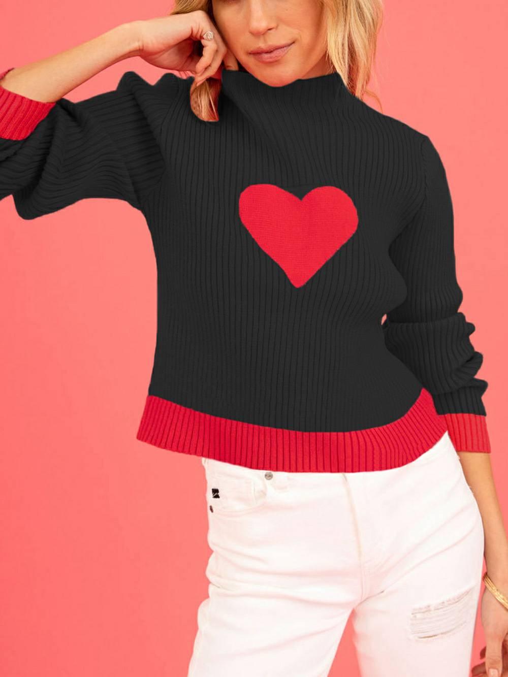 Valentine Heart Turtleneck Knit Sweater