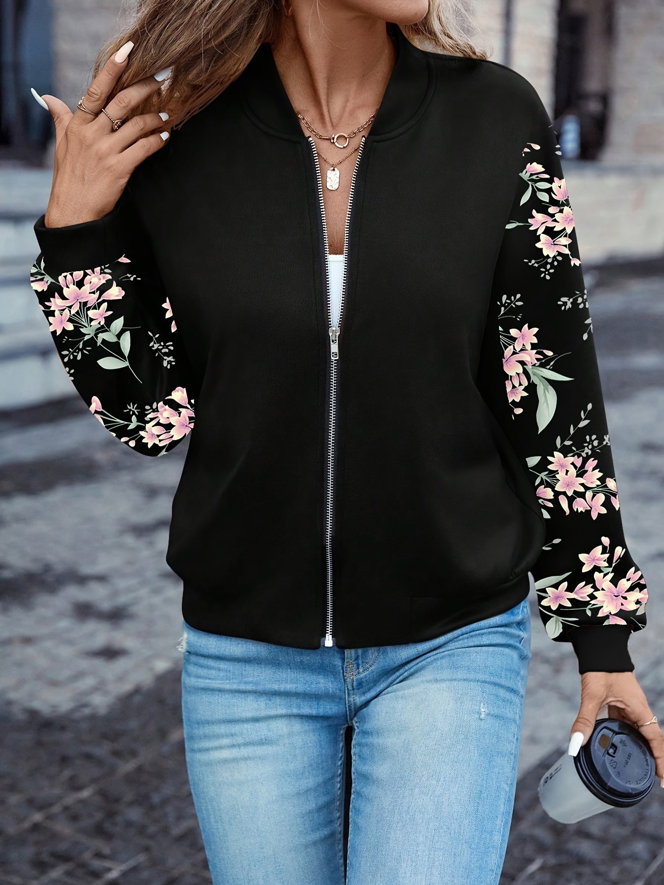 Elegant Floral Baseball-Collar Jacket