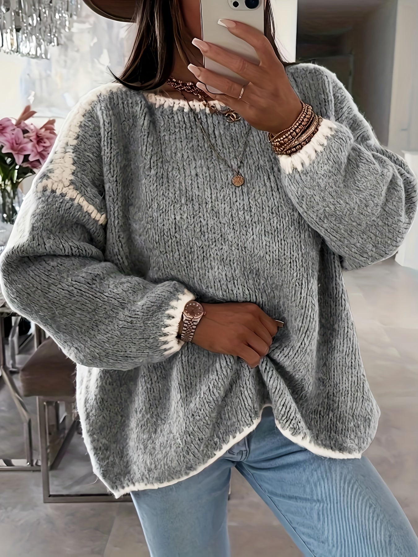 Pink Colorblock Round‑Neck Button Sweater