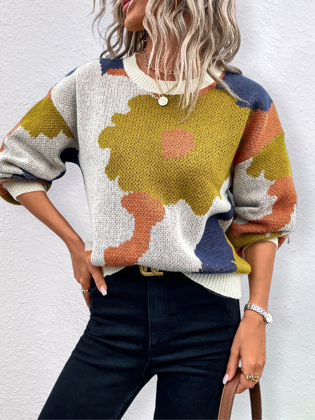 Pull ras du cou fleuri pour les vacances, automne-hiver