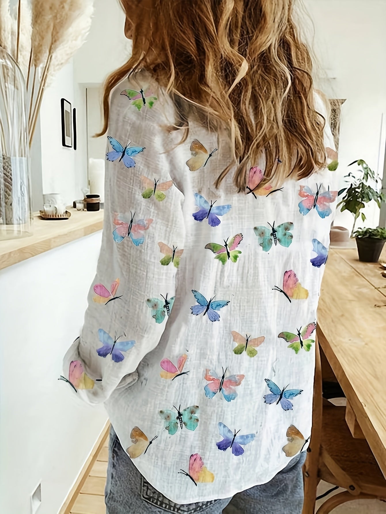 Butterfly Print Long Sleeve Button-Up Blouse