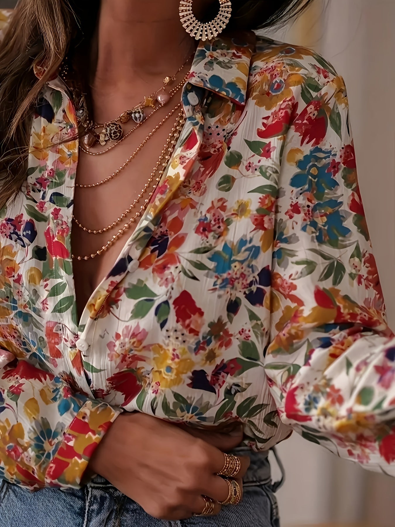 French Floral Button-Up Long-Sleeve Blouse