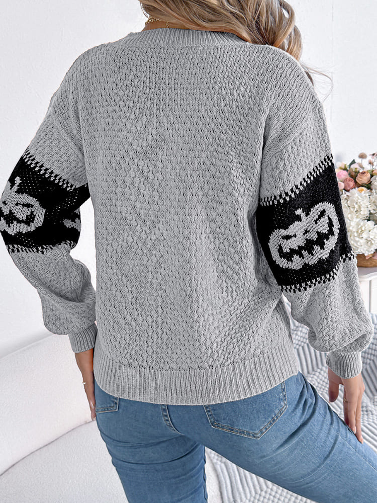 Halloween Pumpkin Colorblock Crewneck Knit Sweater
