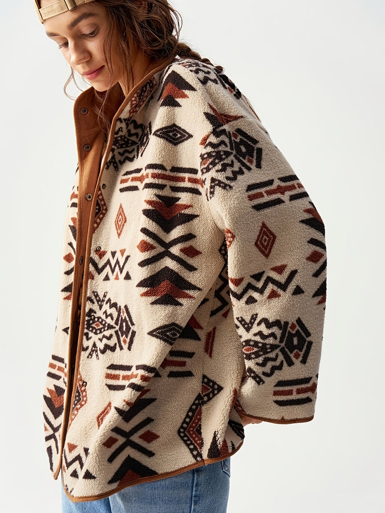 Turquoise Southwestern Geometric Fleece Jacket