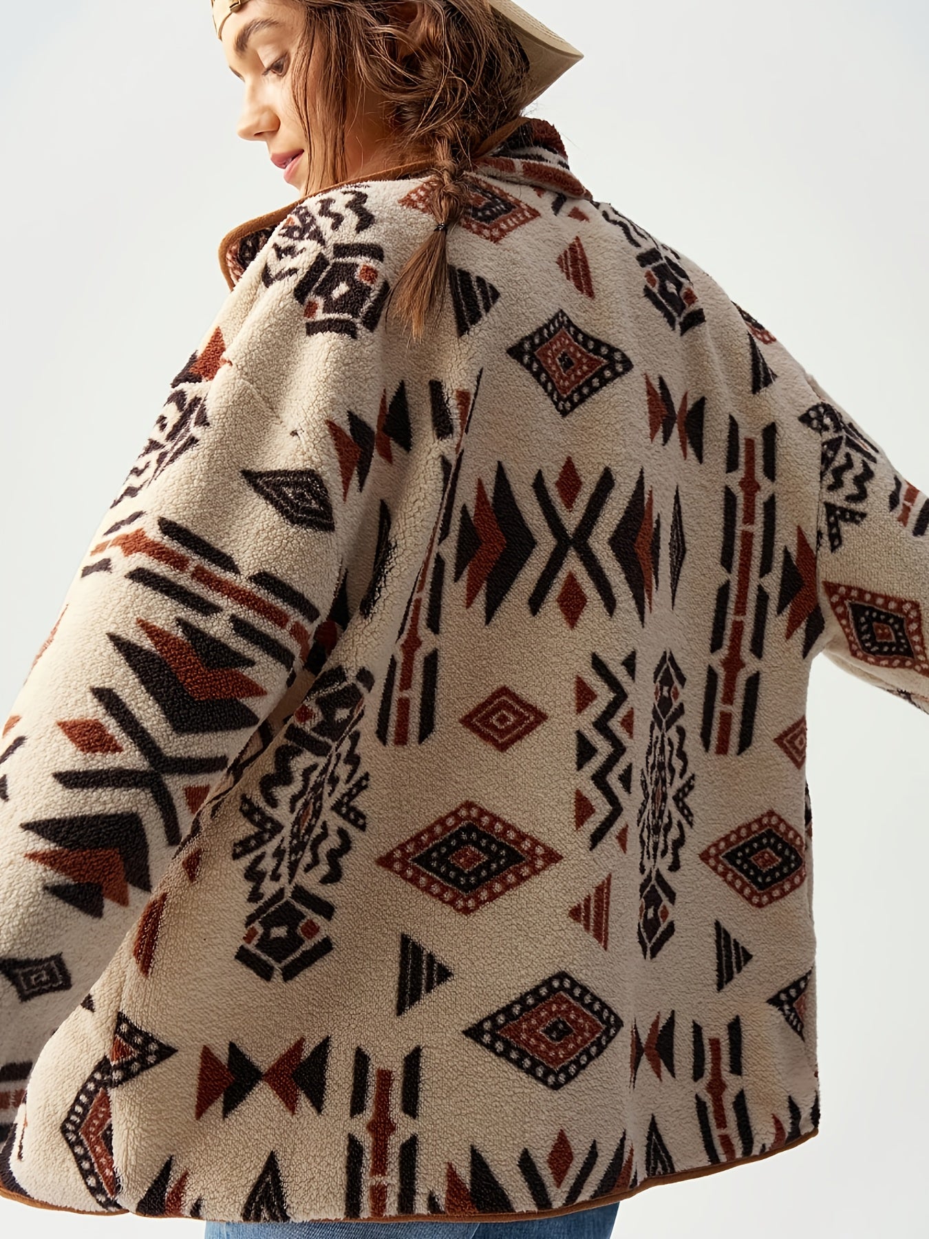 Turquoise Southwestern Geometric Fleece Jacket