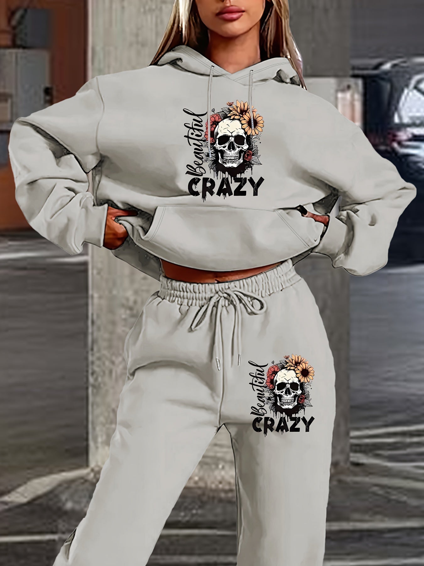 Skull Letter Print Hoodie Pants Set