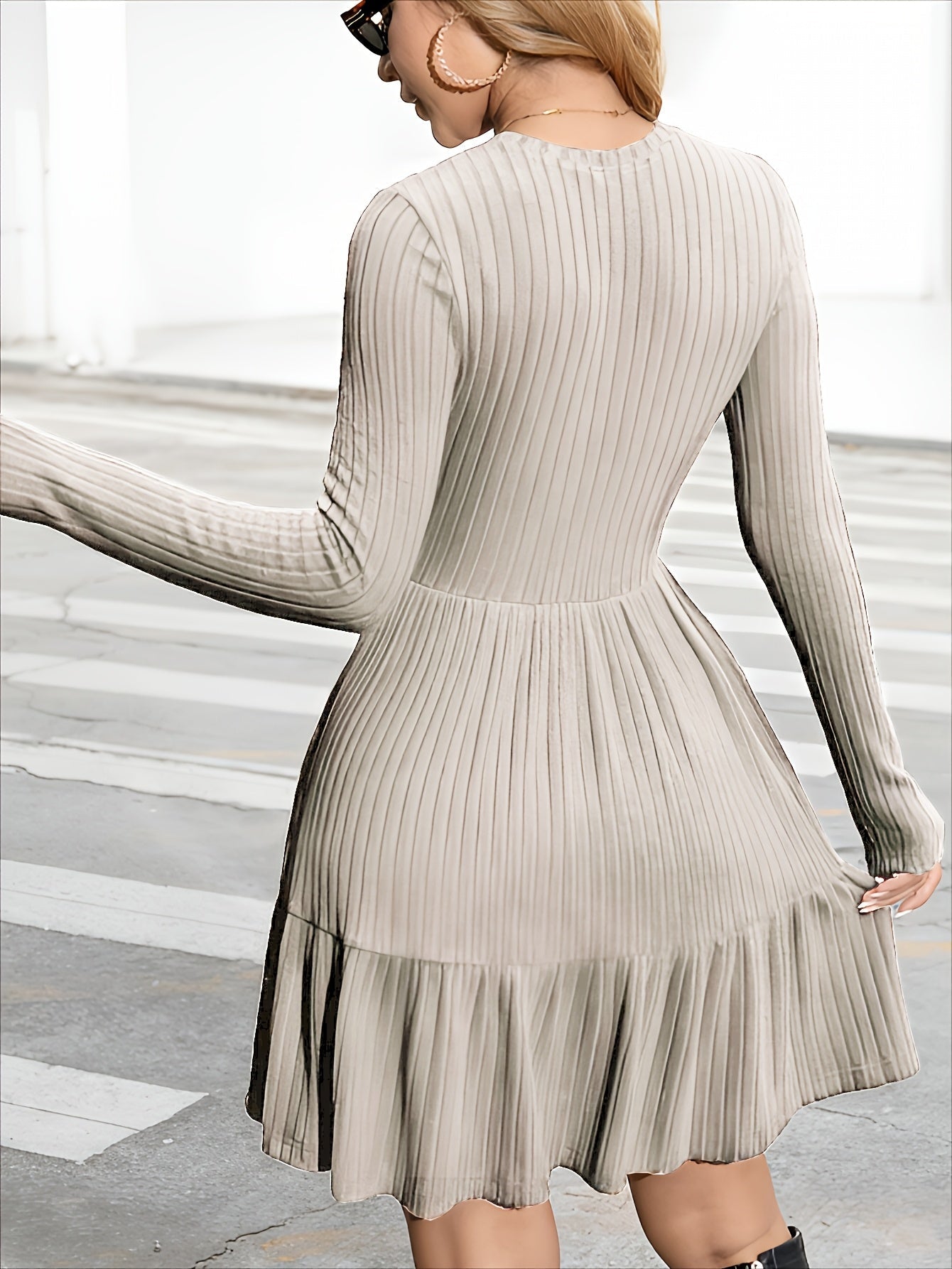 Ribbed Crewneck Ruffle-Hem Long-Sleeve Dress