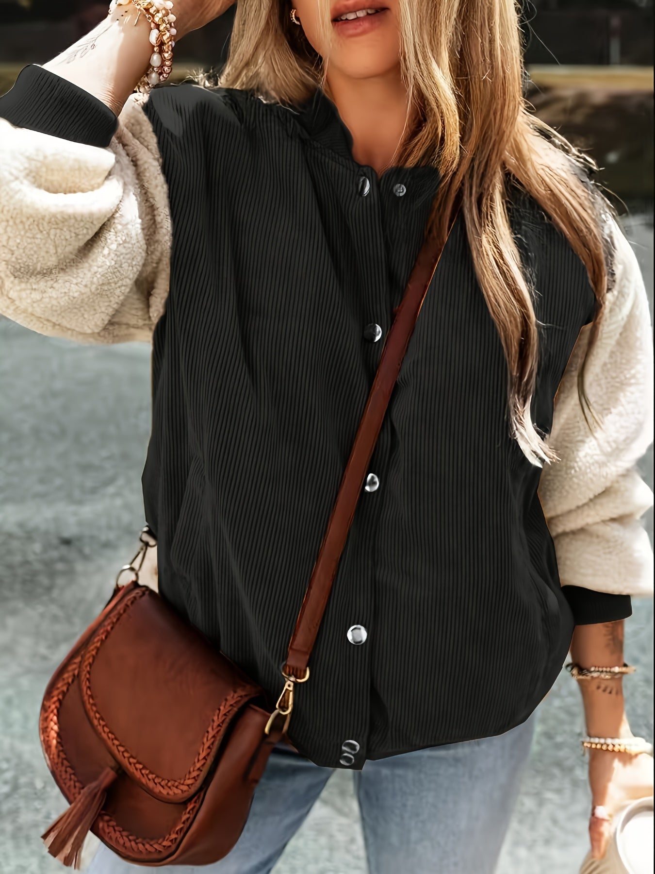 Corduroy Colorblock Baseball Collar Jacket
