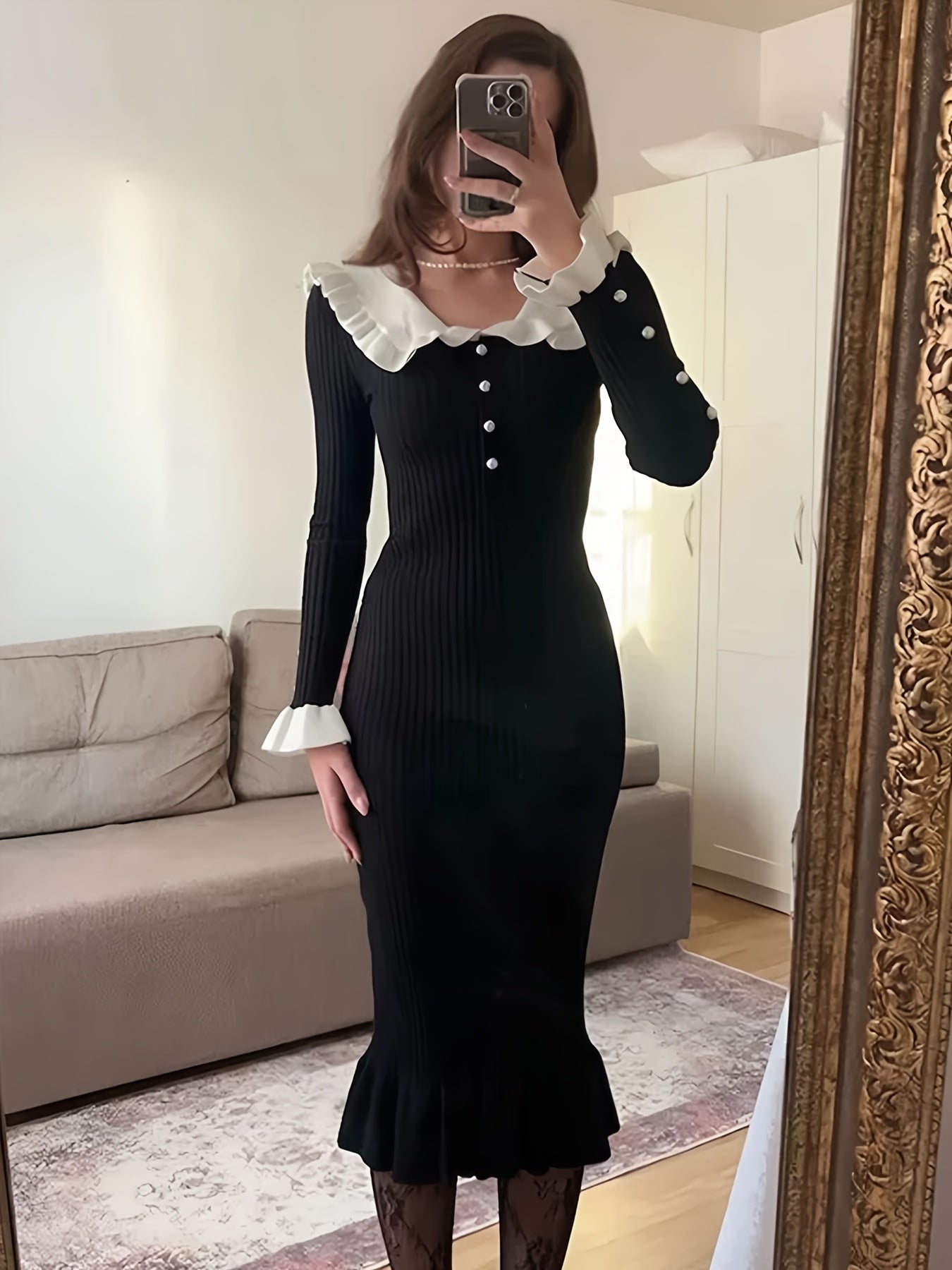 Vintage European French Ruffle Sweater Dress