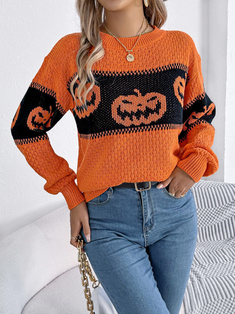 Halloween Pumpkin Colorblock Crewneck Knit Sweater