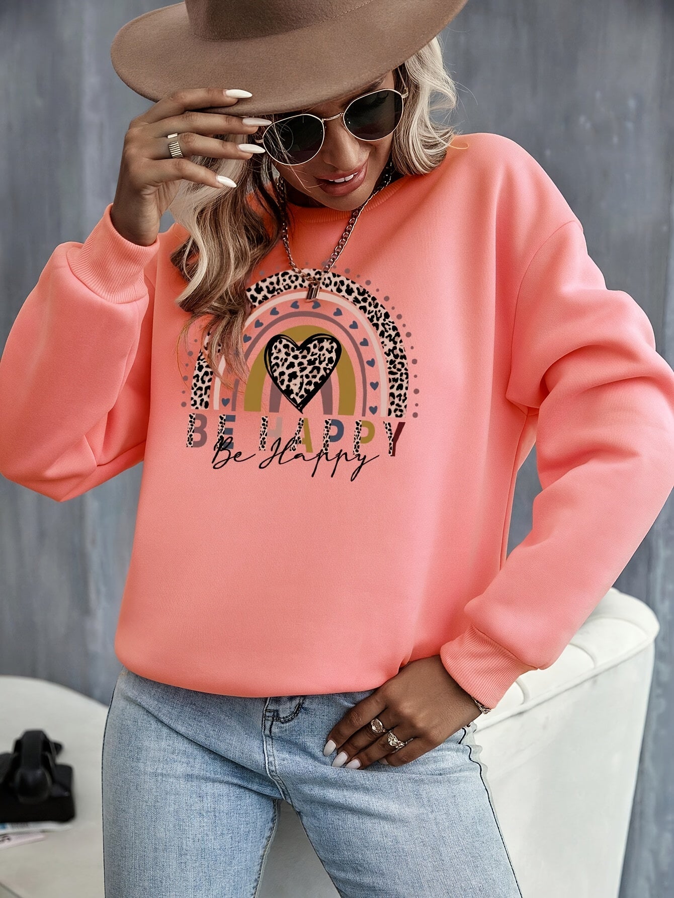 Geometric Rainbow Heart Round-Neck Hoodie