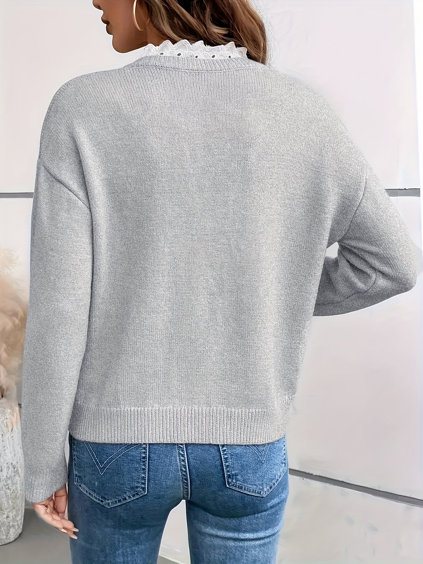 Stylish V-Neck Lace Trim Sweater