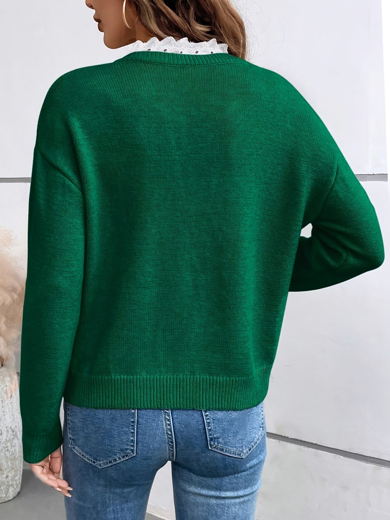 Stylish V-Neck Lace Trim Sweater