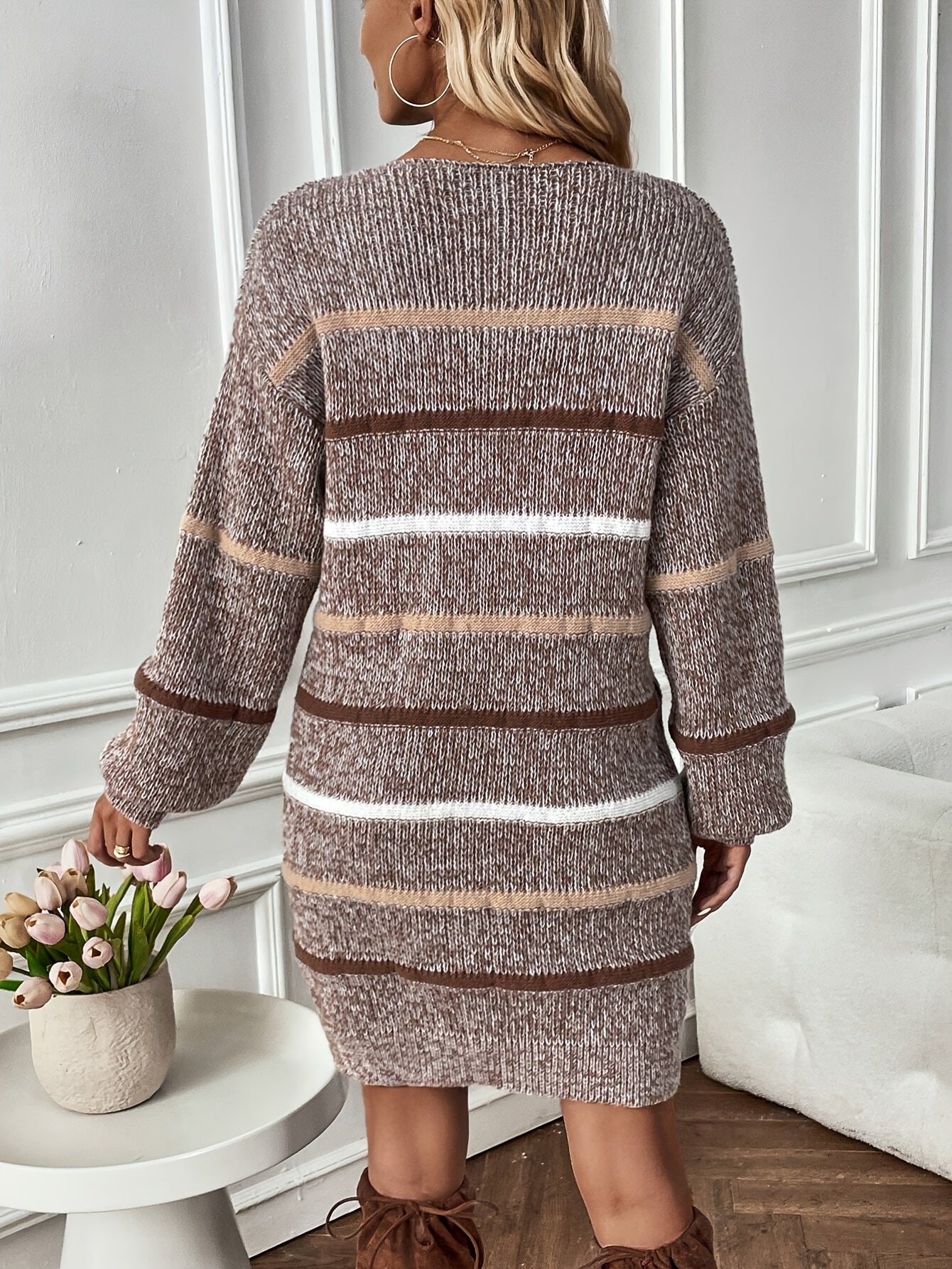 Striped Colorblock Drop Shoulder Sweater Dress