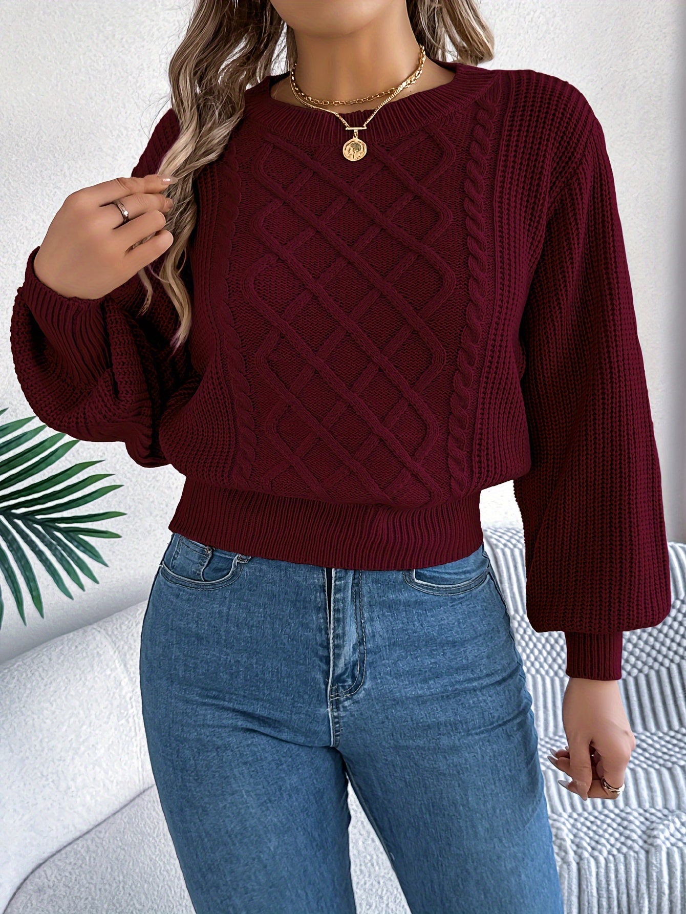 White Round-Neck Knit Sweater Adjustable Waist