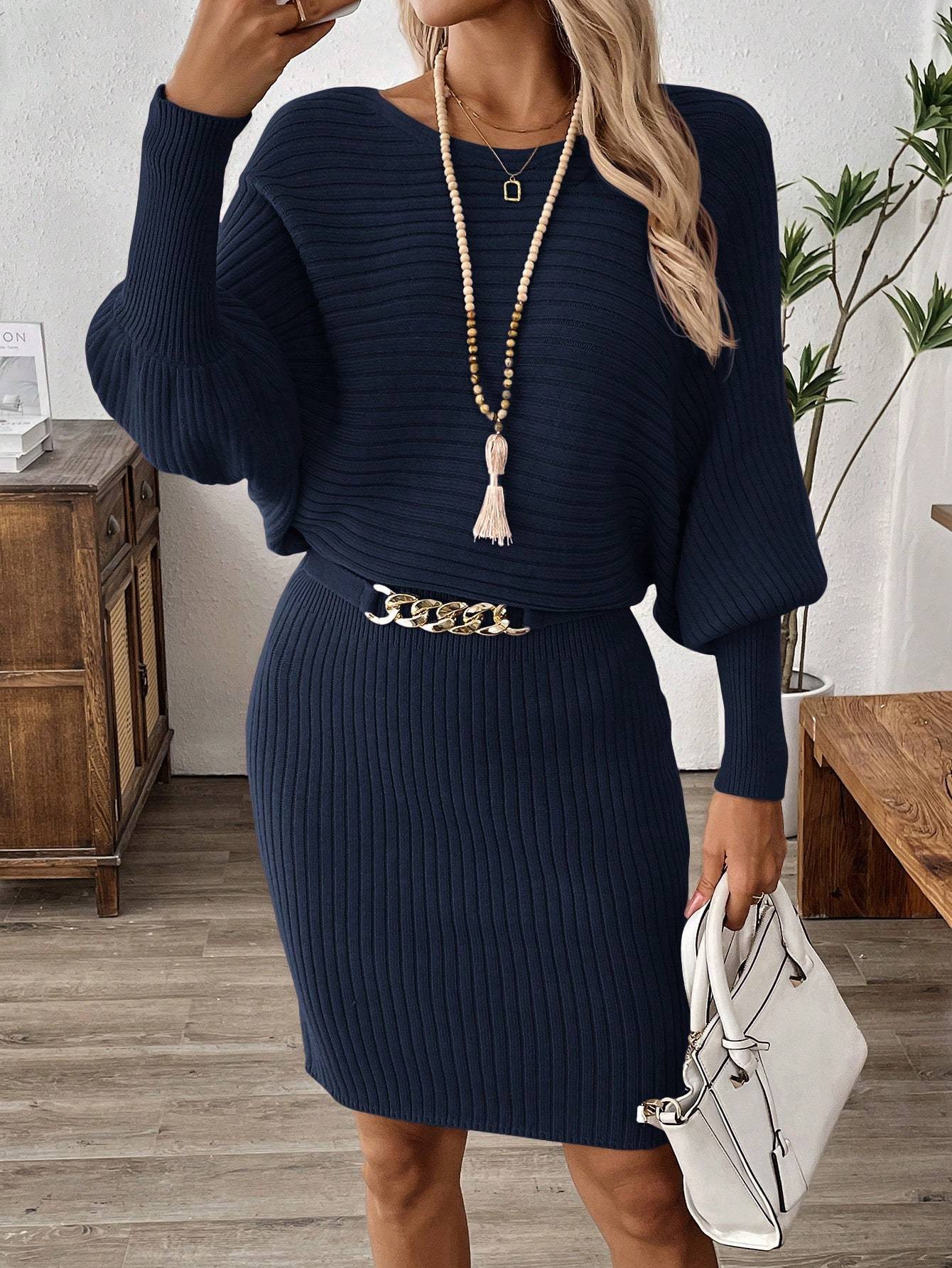 Ribbed Brown Puff Sleeve Bodycon Dress