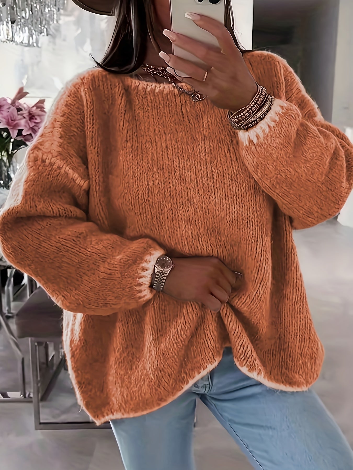 Pink Colorblock Round‑Neck Button Sweater