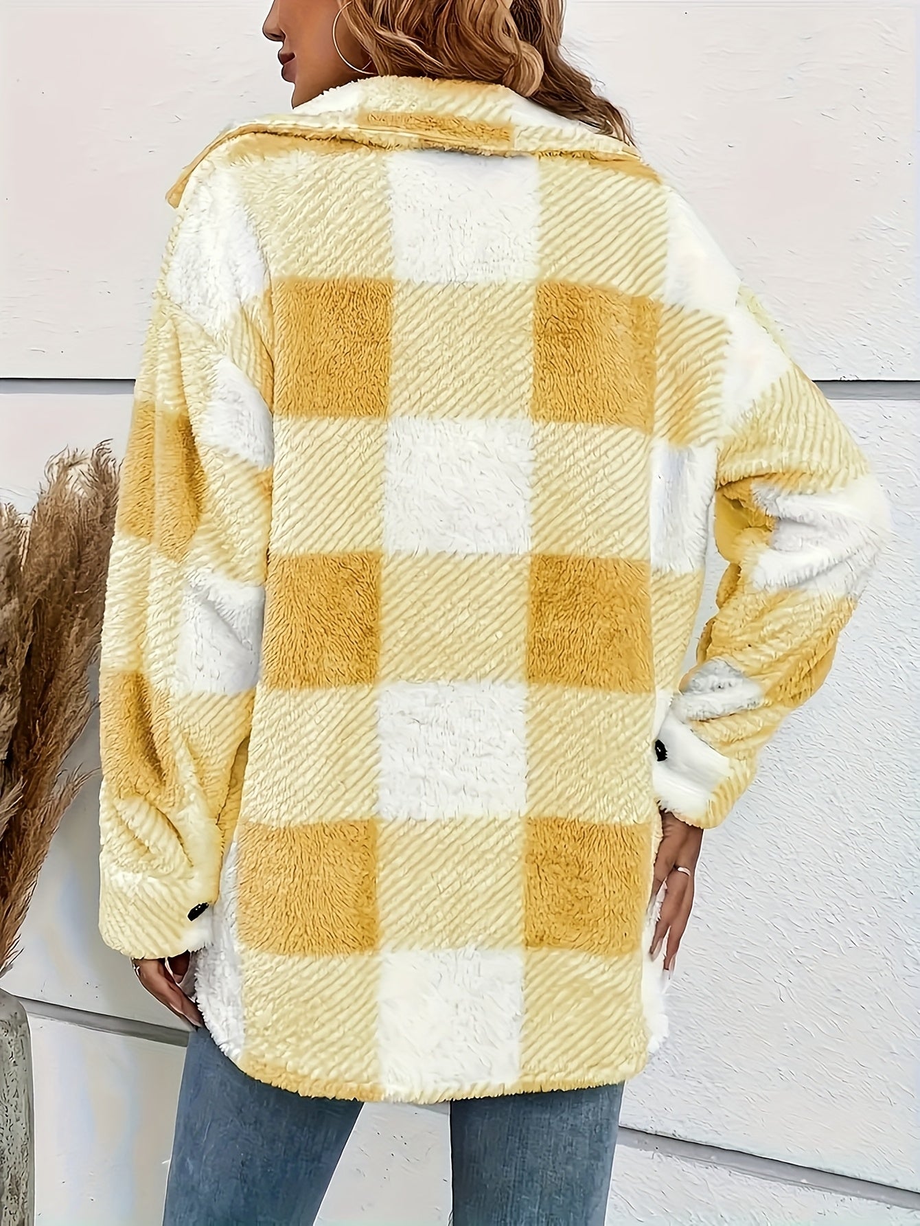 Cozy Yellow-White Plaid Fleece Jacket