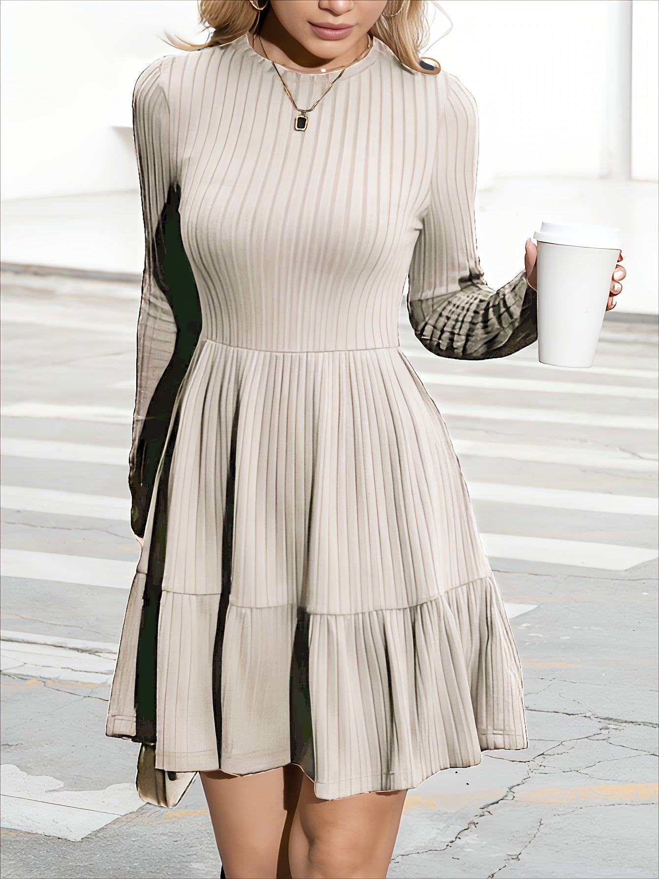 Ribbed Crewneck Ruffle-Hem Long-Sleeve Dress