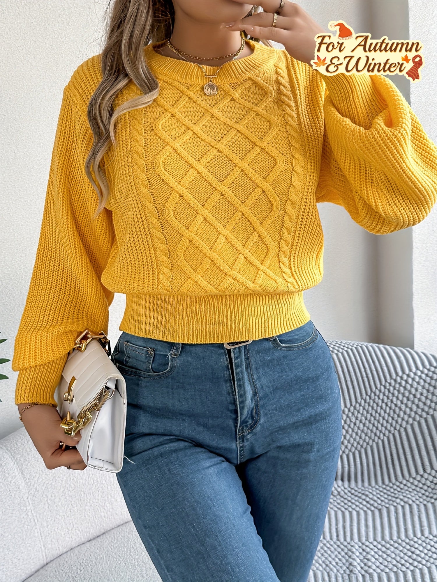 White Round-Neck Knit Sweater Adjustable Waist