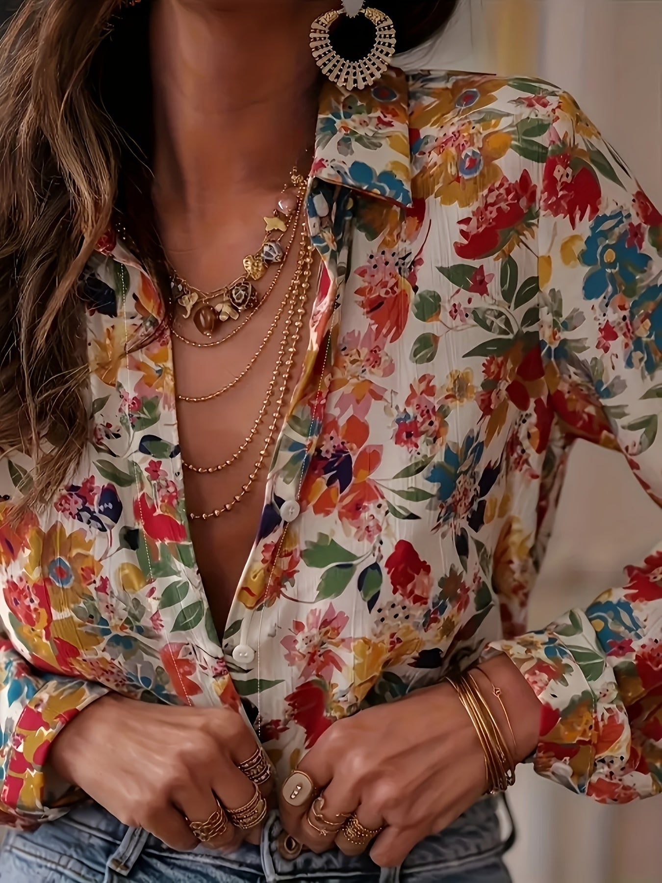 French Floral Button-Up Long-Sleeve Blouse