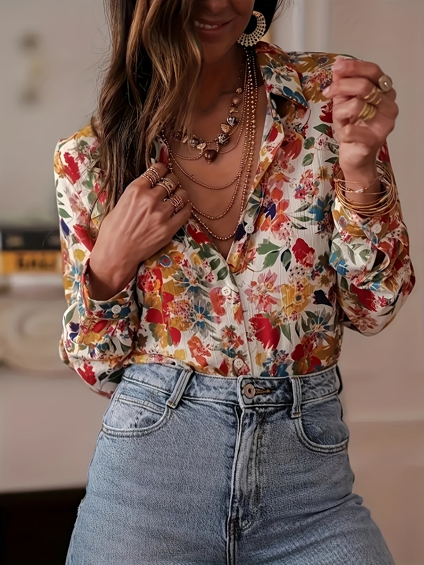 French Floral Button-Up Long-Sleeve Blouse