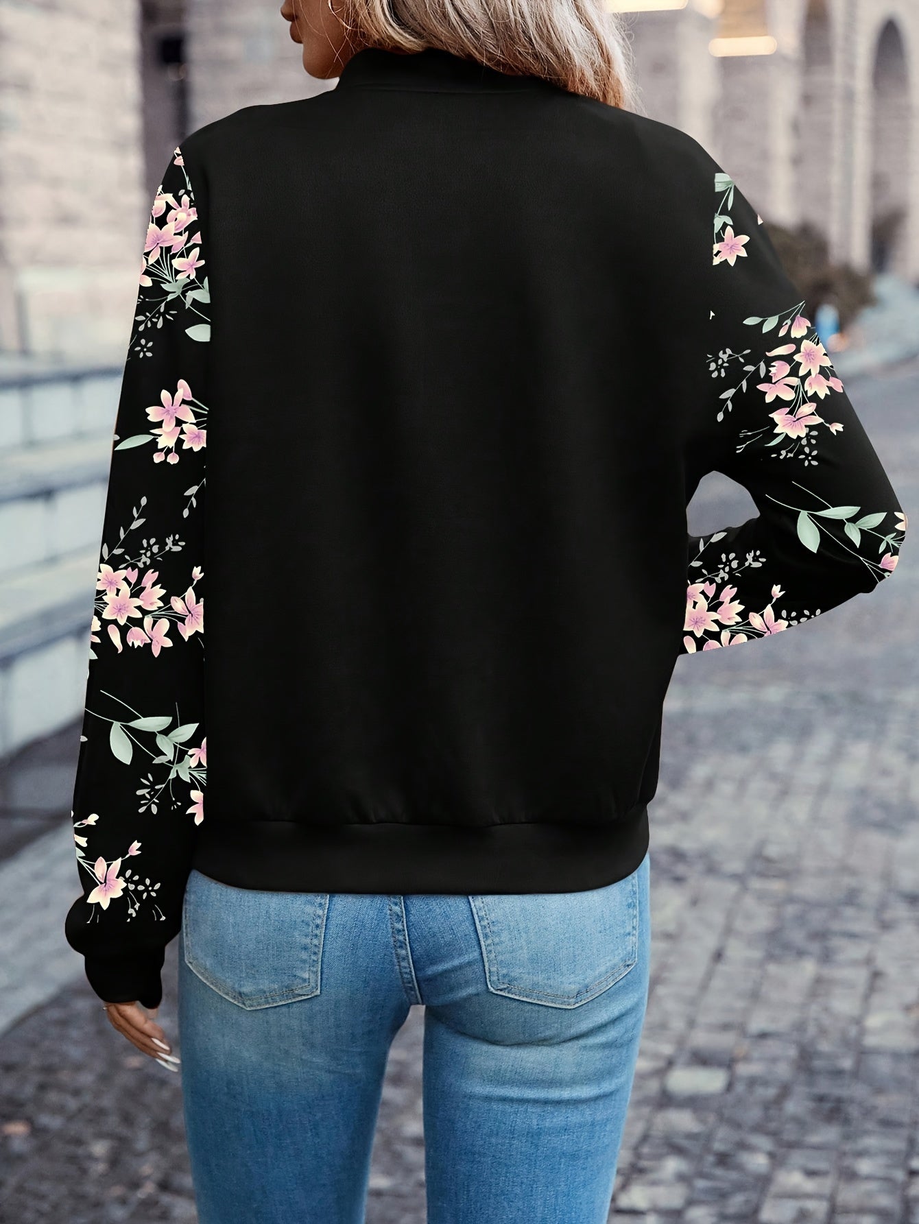 Elegant Floral Baseball-Collar Jacket